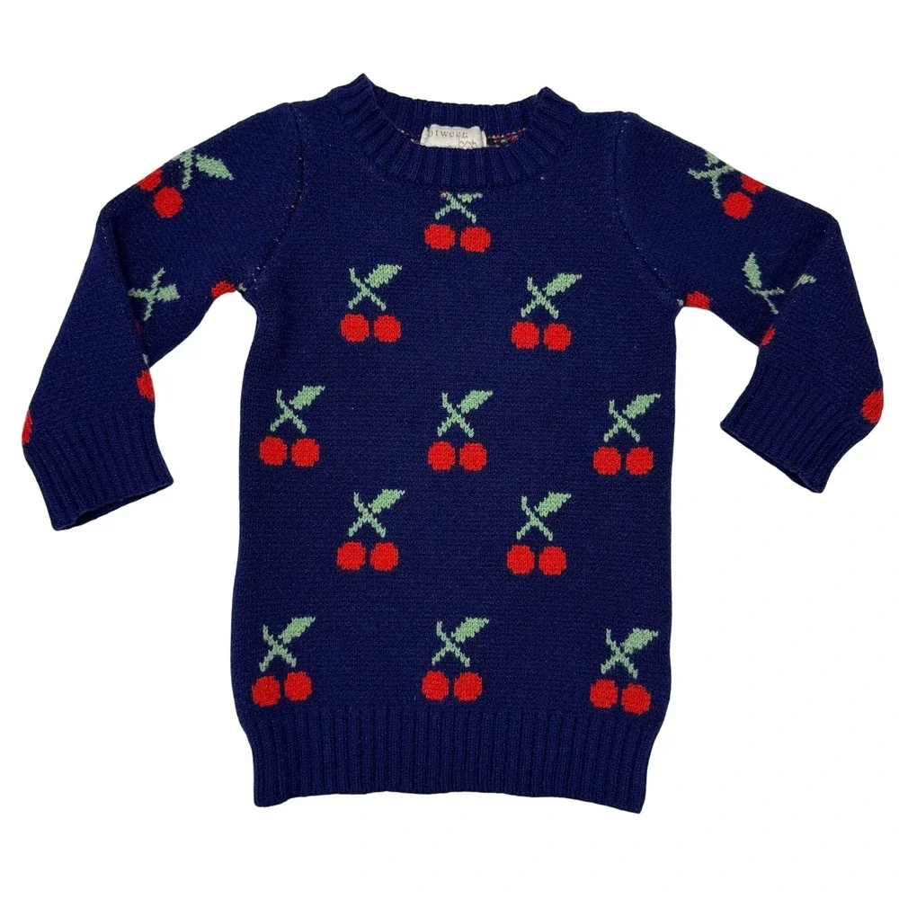 btween baby Girls Sweater Dress Cherry Print 6M Navy Blue Knit Long Sleeve